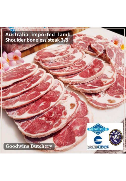 Lamb collar SHOULDER BONELESS Australia frozen steak cuts 1cm 3/8" (price/pack 600gr 4-5pcs) brand Wammco / Midfield / WhiteStripe